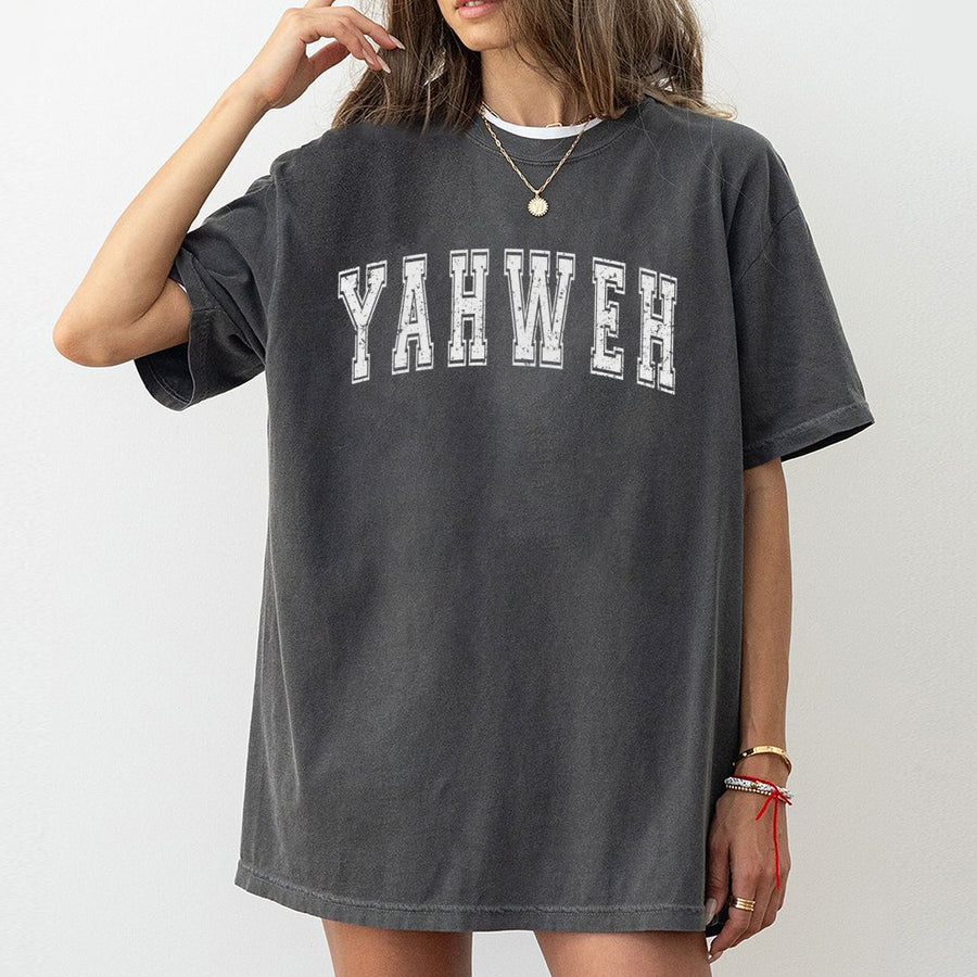Yahweh T-Shirt | Distressed Varsity Letter Graphic | 100% Cotton Premium Quality | Christian Faith Apparel Gift for Men and Women