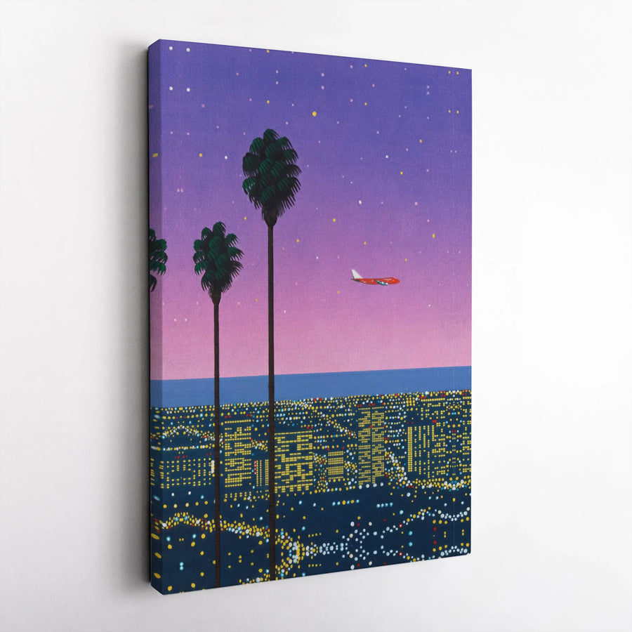 Vaporwave Cityscape Canvas Print | Retro California Night with Palm Trees | Premium Gallery Wrapped Canvas | Modern Home Decor Gift
