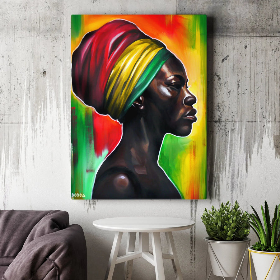 African American Woman Wall Art | Rasta Headwrap Oil Painting Style | Premium 1.25" Gallery Wrapped Canvas | Black Art for Modern Home Decor