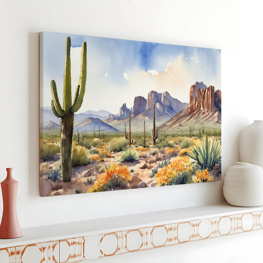 Desert Landscape Canvas Wall Art | Watercolor Saguaro Cactus Painting | Premium Gallery Quality Canvas | Southwestern Home Decor Gift