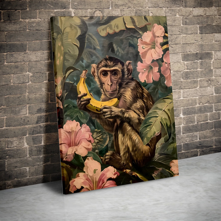 Vintage Monkey Canvas Wall Art | Tropical Jungle with Pink Flowers | Premium Gallery Wrapped Canvas | Eclectic Home Decor Art Gift