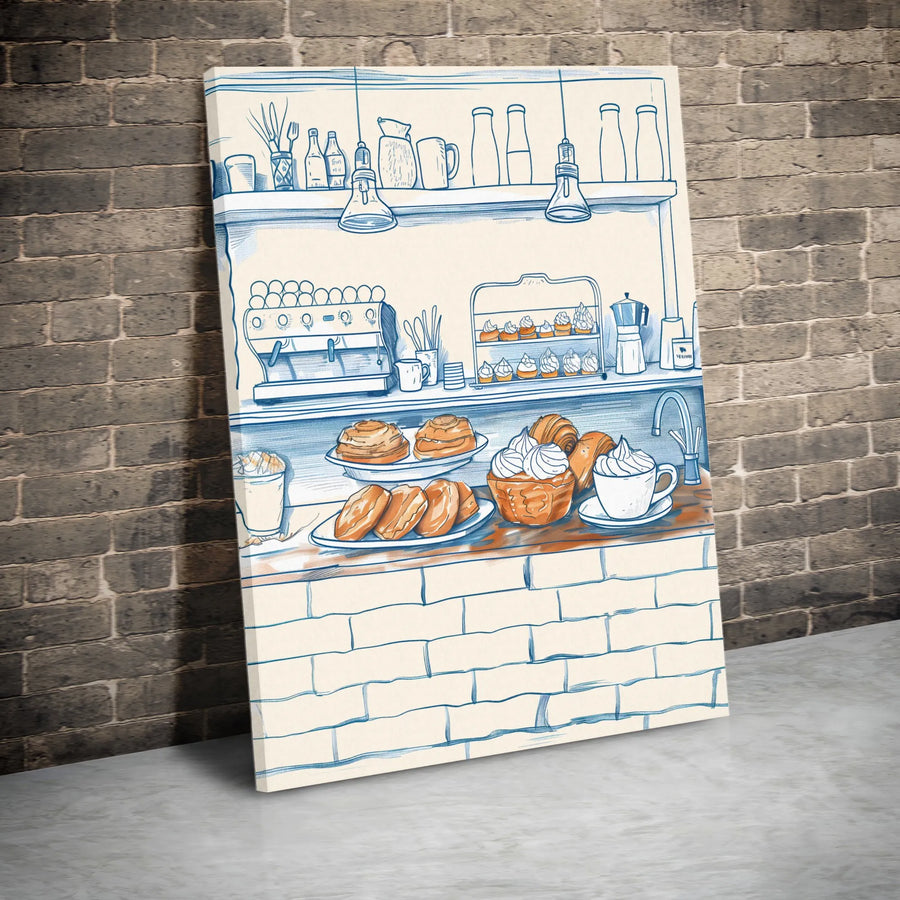 Coffee Shop Bakery Canvas Wall Art | Cozy Cafe Counter Sketch Print | Premium Gallery-Wrapped 1.25" Profile | Kitchen And Coffee Bar Decor