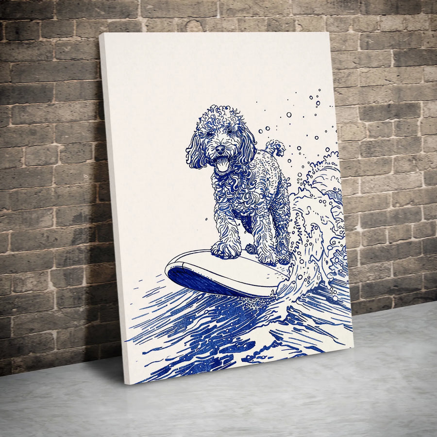 Surfing Poodle Dog Wall Art | Blue Ink Sketch Illustration | Premium 1.25-Inch Gallery Canvas | Coastal Beach Home Decor Gift for Dog Lovers