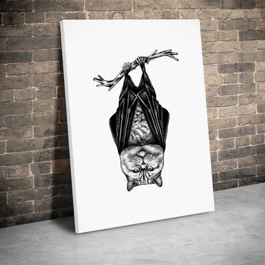 Bat Cat Hanging Wall Art | Whimsical Pointillism Animal Illustration | Premium Stretched Canvas Print | Unique Gothic Home Decor Gift