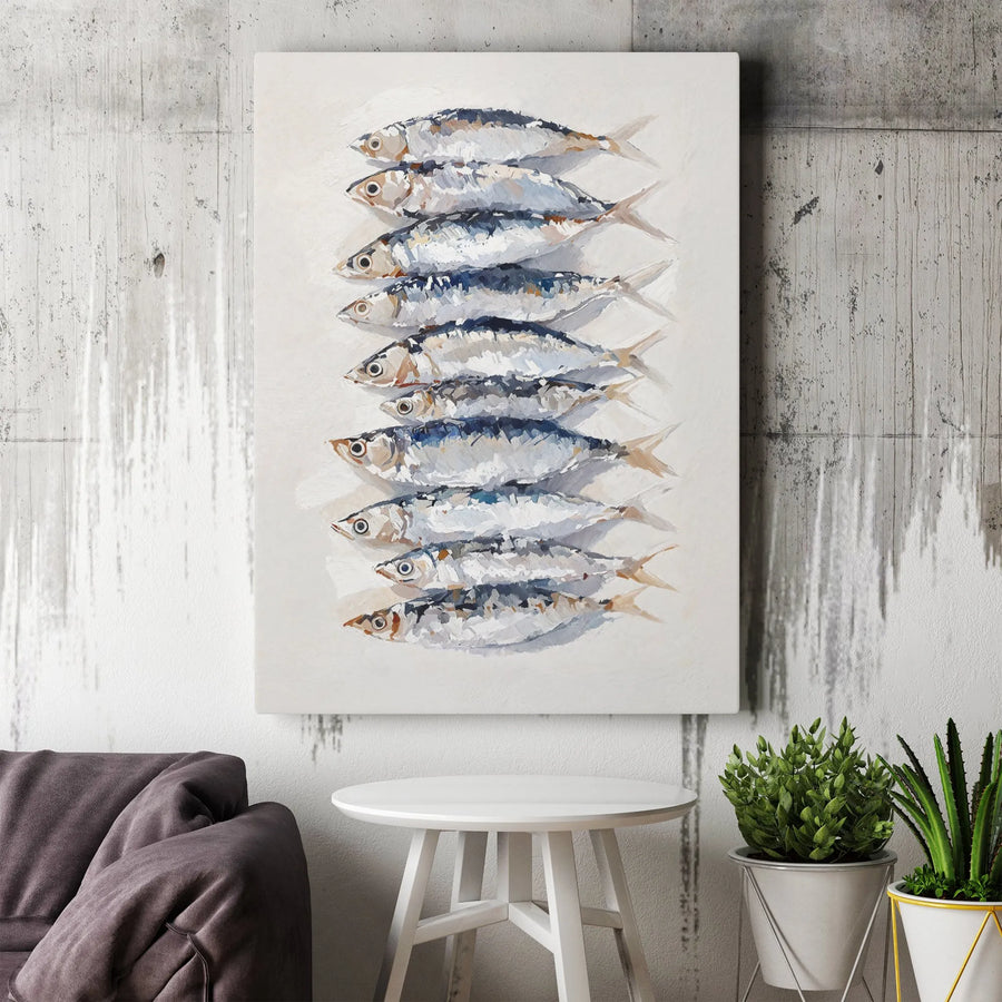 Stacked Sardines Canvas Art | Impressionist Fish Painting | 1.25-Inch Gallery Wrap | Coastal Kitchen Wall Decor for Home Office