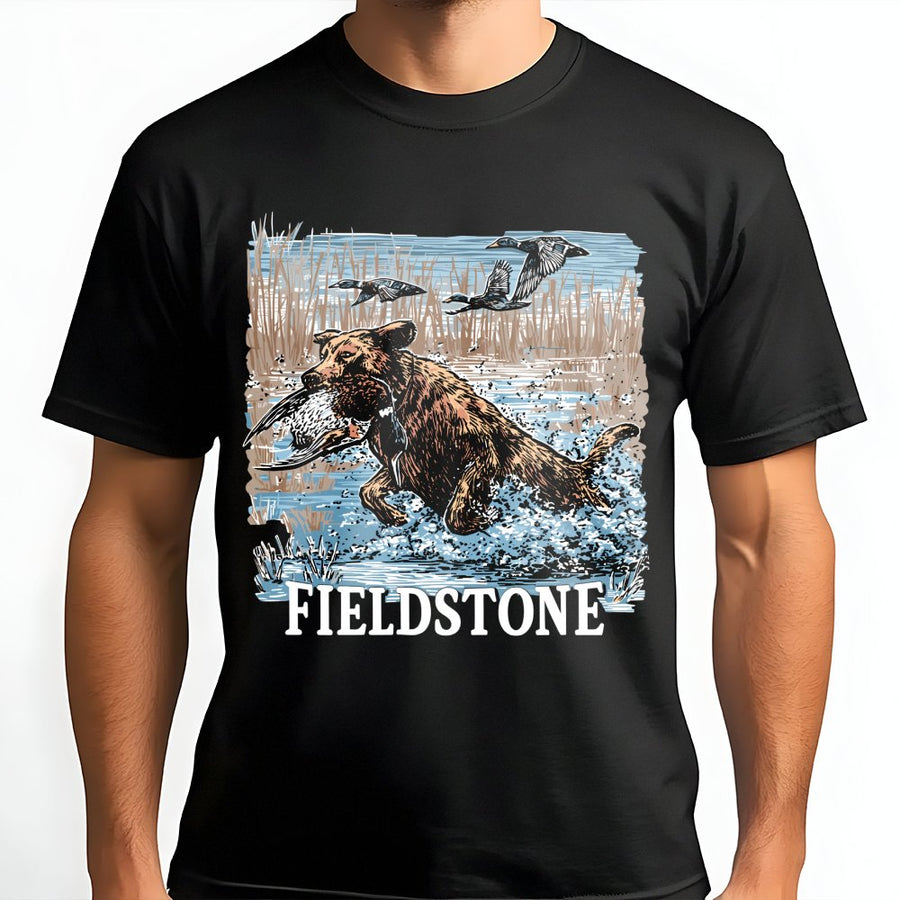 Fieldstone Hunting Dog T-Shirt | Duck Retrieval Wildlife Graphic | Premium Cotton Unisex Tee | Gift for Outdoorsmen and Waterfowl Hunters