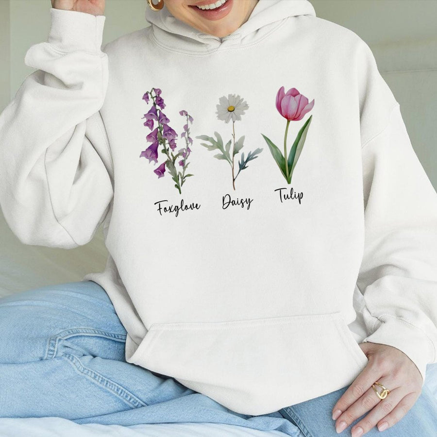 Floral Hoodie | Botanical Foxglove Daisy Tulip Illustration | Premium Cotton-Poly Blend | Cozy Aesthetic Gift for Gardeners & Nature Lovers