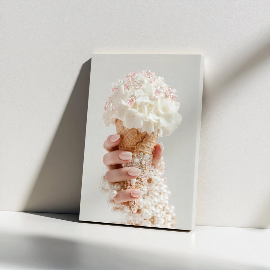 Floral Ice Cream Cone Canvas Print | Jeweled Hydrangea & Pearl Design | Premium Gallery Wrapped Canvas | Chic Salon Wall Decor Gift for Her