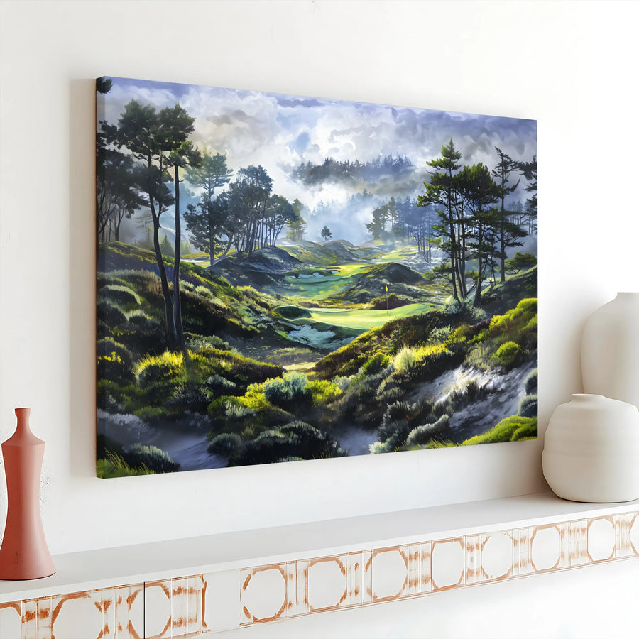 Golf Course Canvas Wall Art | Misty Forest Golf Landscape Painting | Premium Gallery Wrapped Canvas | Gift for Golfer, Man Cave Decor