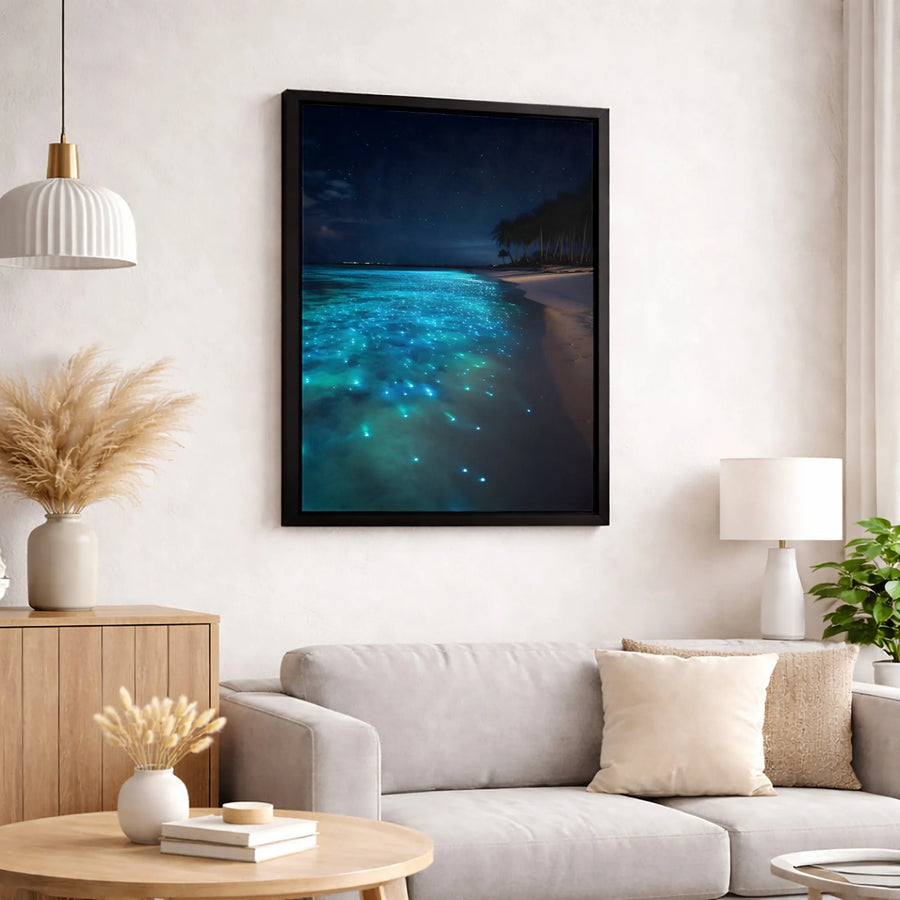 Bioluminescent Beach Wall Art | Glowing Sea of Stars Night Landscape | Gallery-Quality 1.25" Canvas Print | Modern Coastal Home Decor Gift