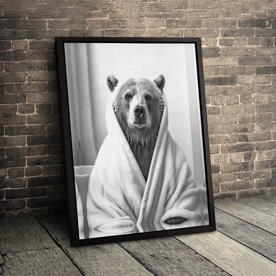 Grizzly Bear Bathrobe Canvas Wall Art | Funny Animal Bathroom Portrait | Premium Gallery Wrapped Print | Modern Minimalist Home Decor Gift