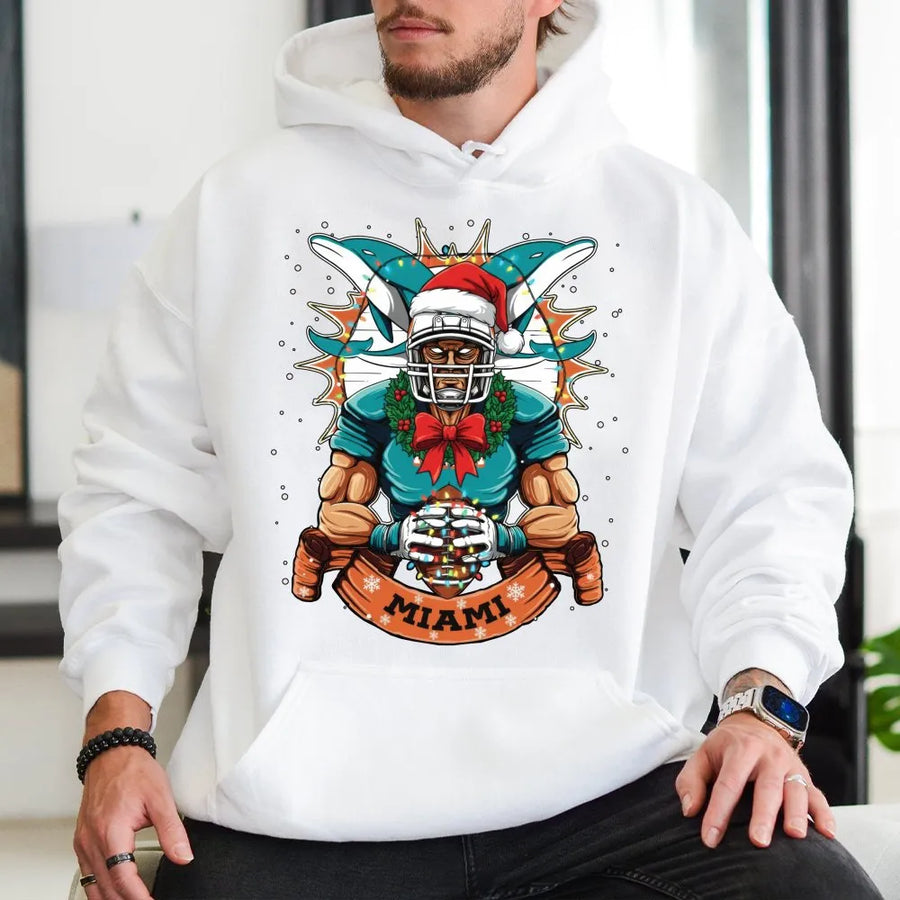 Christmas Miami Football Hoodie, Football Dolphin Player Hoodie, Sports Apparel, Classic Hoodie, Graphic Printed