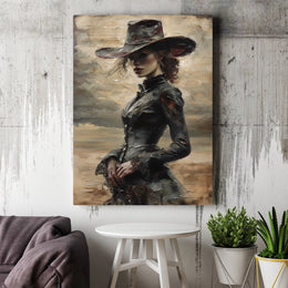 Gothic Cowgirl Canvas Wall Art | Moody Victorian Western Woman Oil Painting Style | Premium Gallery Wrap Decor | Unique Gift for Western Lovers