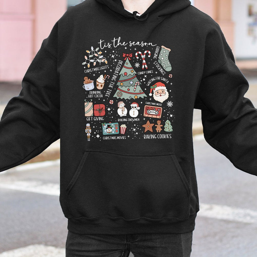 Tis The Season Christmas Hoodie | Festive Holiday Doodle Graphic | Premium Cotton Blend | Cozy Gift for Women and Men