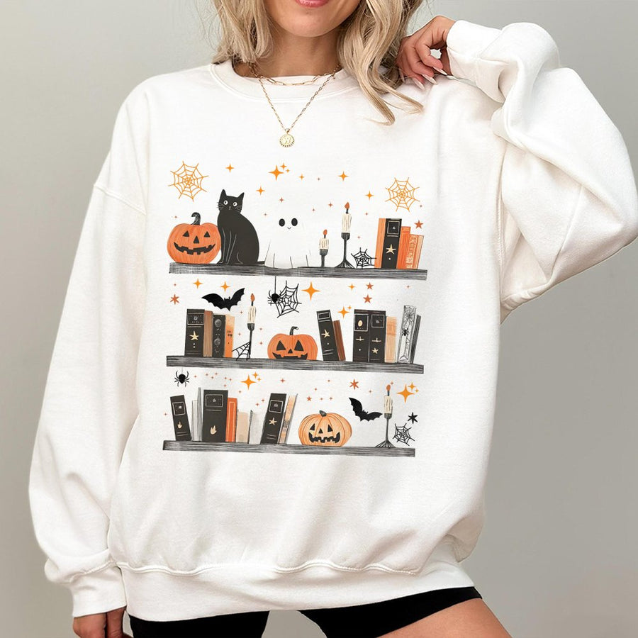 Halloween Bookshelf Sweatshirt | Ghost Cat Reading Design | Premium Cotton Blend | Cozy Gift for Book Lovers and Readers