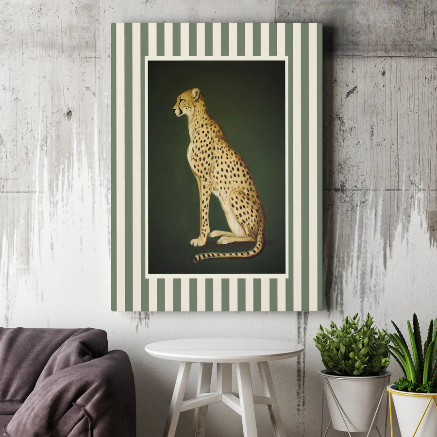 Vintage Cheetah Wall Art | Seated Leopard Animal Portrait with Green Stripes | Premium Gallery Wrapped Canvas | Elegant Safari Home Decor