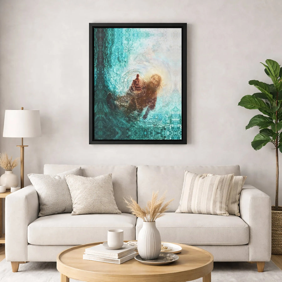 Jesus Reaching Hand From Water Canvas | Christian Wall Art | Premium Gallery-Wrapped Print | Religious Home Decor Gift