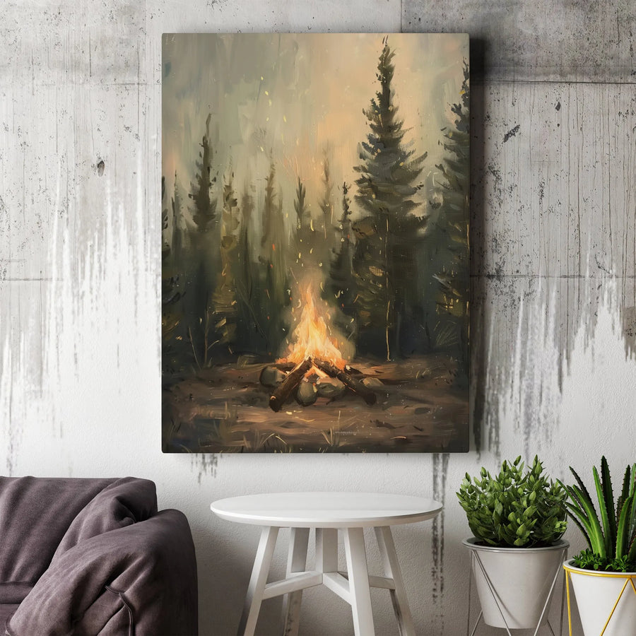 Campfire Pine Forest Canvas Wall Art | Moody Painterly Landscape | Premium Gallery Wrapped Print | Cozy Cabin Home Decor Gift