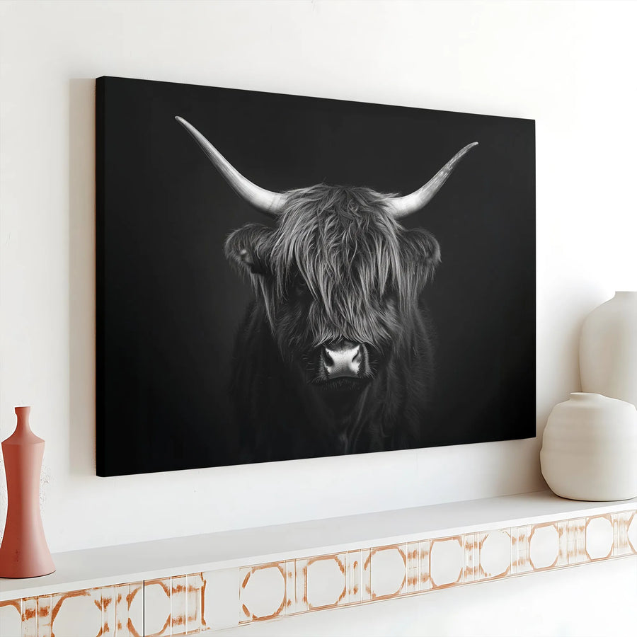 Highland Cow Canvas Wall Art | Monochrome Farmhouse Portrait | 1.25-Inch Gallery Wrap | Minimalist Modern Home Decor Gift