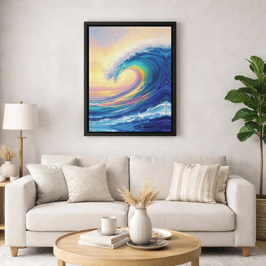 Colorful Ocean Wave Canvas Wall Art | Sunset Seascape Oil Painting Style | Premium 1.25-inch Gallery Wrapped Print | Coastal Home Decor Gift
