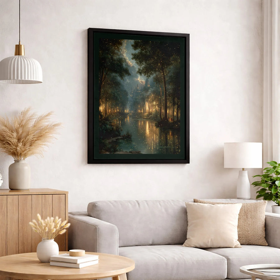 Enchanted Forest Canvas Print | Magical Firefly River and Castle Wall Art | Premium 1.25 Inch Gallery Wrap | Fantasy Home Decor Gift