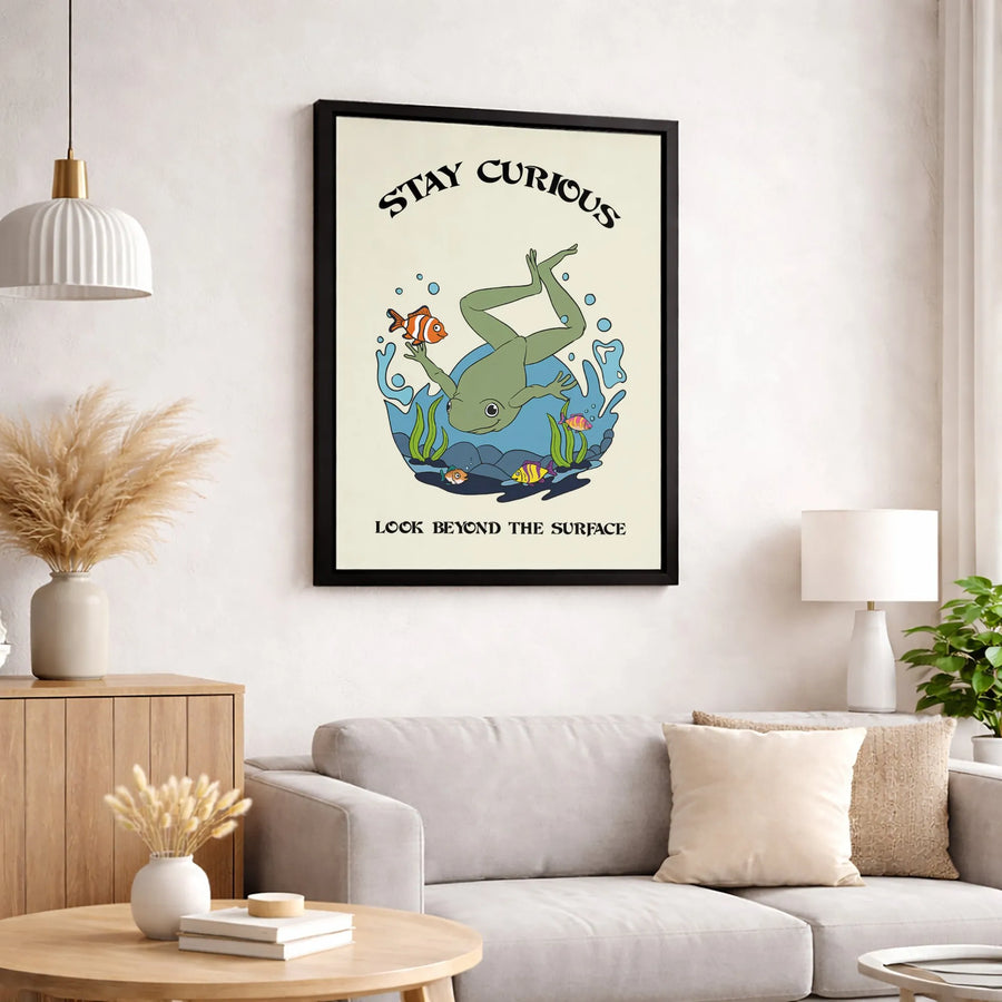 Stay Curious Frog Canvas Wall Art | Whimsical Undersea Illustration | Premium Gallery Wrapped 1.25" Profile | Motivational Decor For Kids Room Or Office