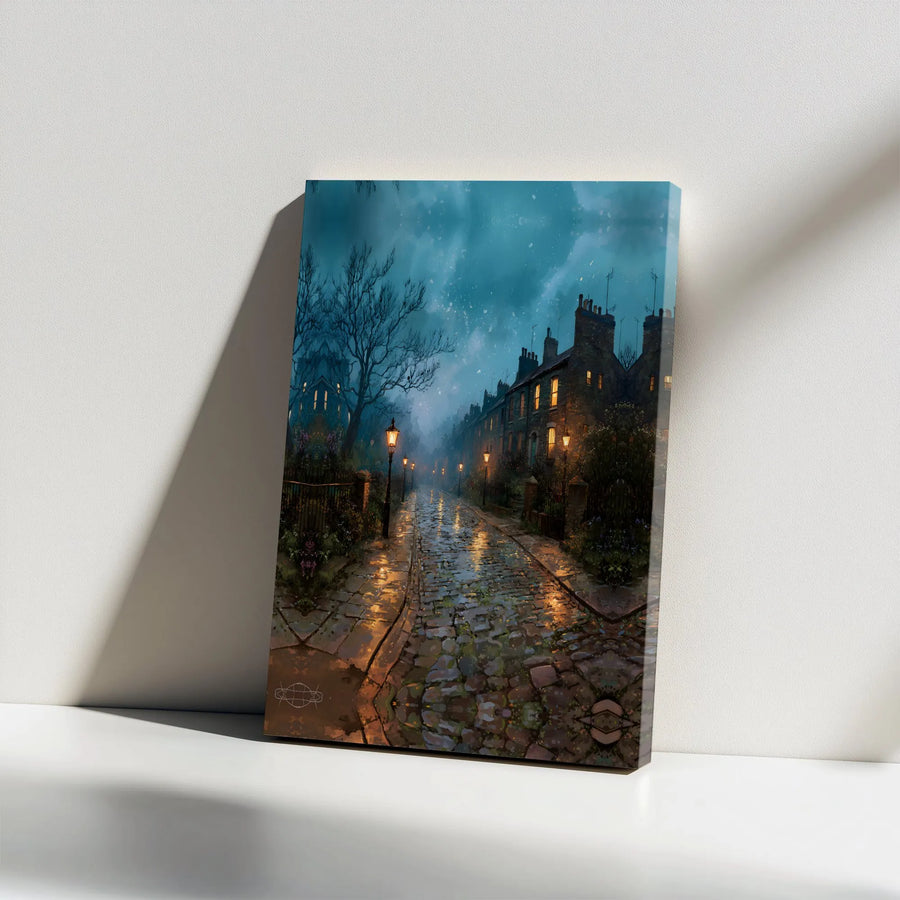 Victorian Rainy Night Canvas Print | Moody Gaslamp Cobblestone Street Scene | Premium Gallery Wrapped Art | Dark Academia Aesthetic Home Decor Gift