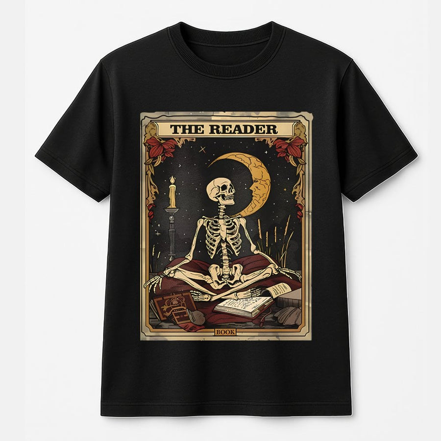 The Reader Skeleton T-Shirt | Occult Tarot Card Graphic Tee | Premium 100% Cotton | Witchy Aesthetic Book Lover Gift for Readers