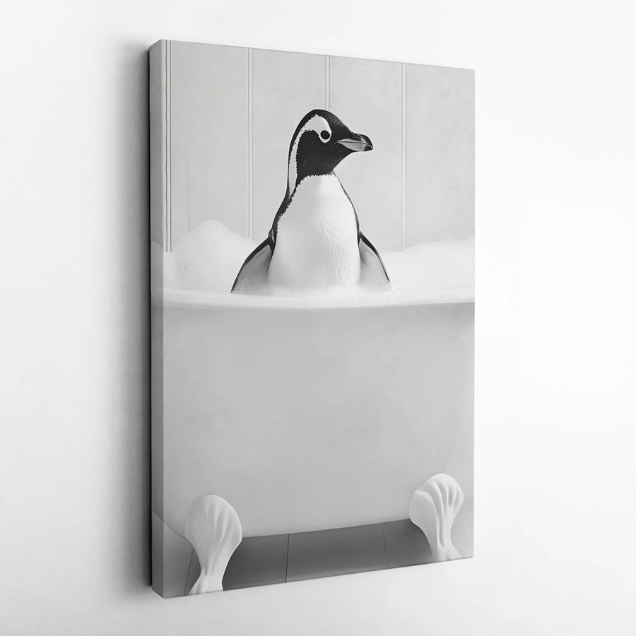 Penguin Bathing Canvas Art | Whimsical Animal in Clawfoot Tub | Gallery-Quality Premium Print | Modern Bathroom Wall Decor Gift