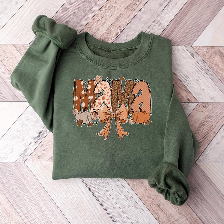Mama Fall Sweatshirt | Coquette Bow Pumpkin Graphic | Premium Cotton Blend | Autumn Aesthetic Gift for Moms