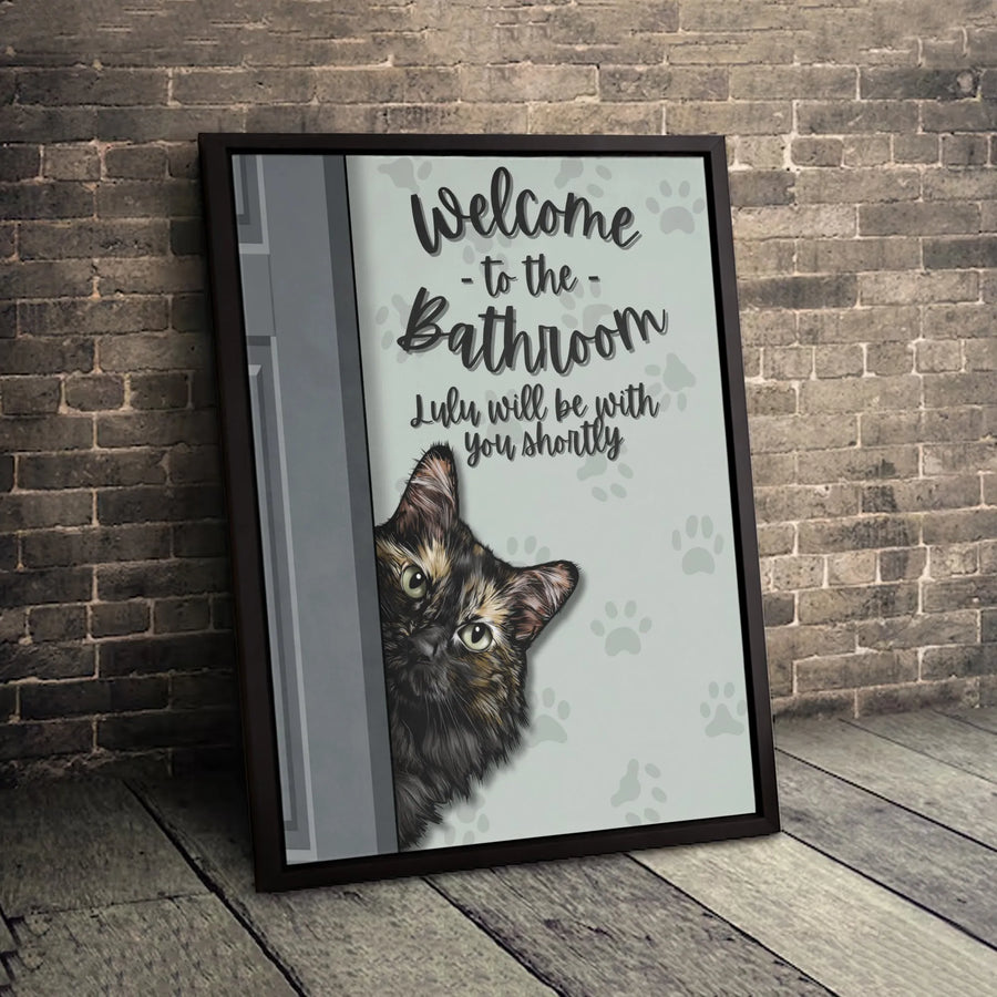 Tortoiseshell Cat Bathroom Wall Art | Funny Peeking Pet Quote Decor | Premium Gallery Wrap Canvas | Unique Gift For Cat Lovers