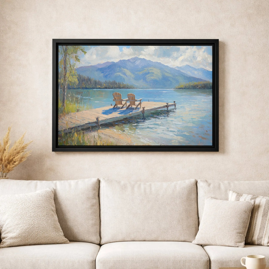 Mountain Lake Wall Art | Adirondack Chairs On Dock Landscape Painting | Premium Gallery Wrapped Canvas | Serene Nature Home Decor Gift