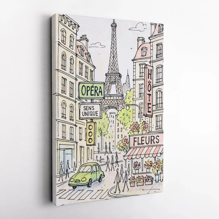 Paris Street Scene Canvas | Eiffel Tower Sketch Print | Premium Fade-Resistant Gallery Wrap | Romantic Travel Home Decor Gift