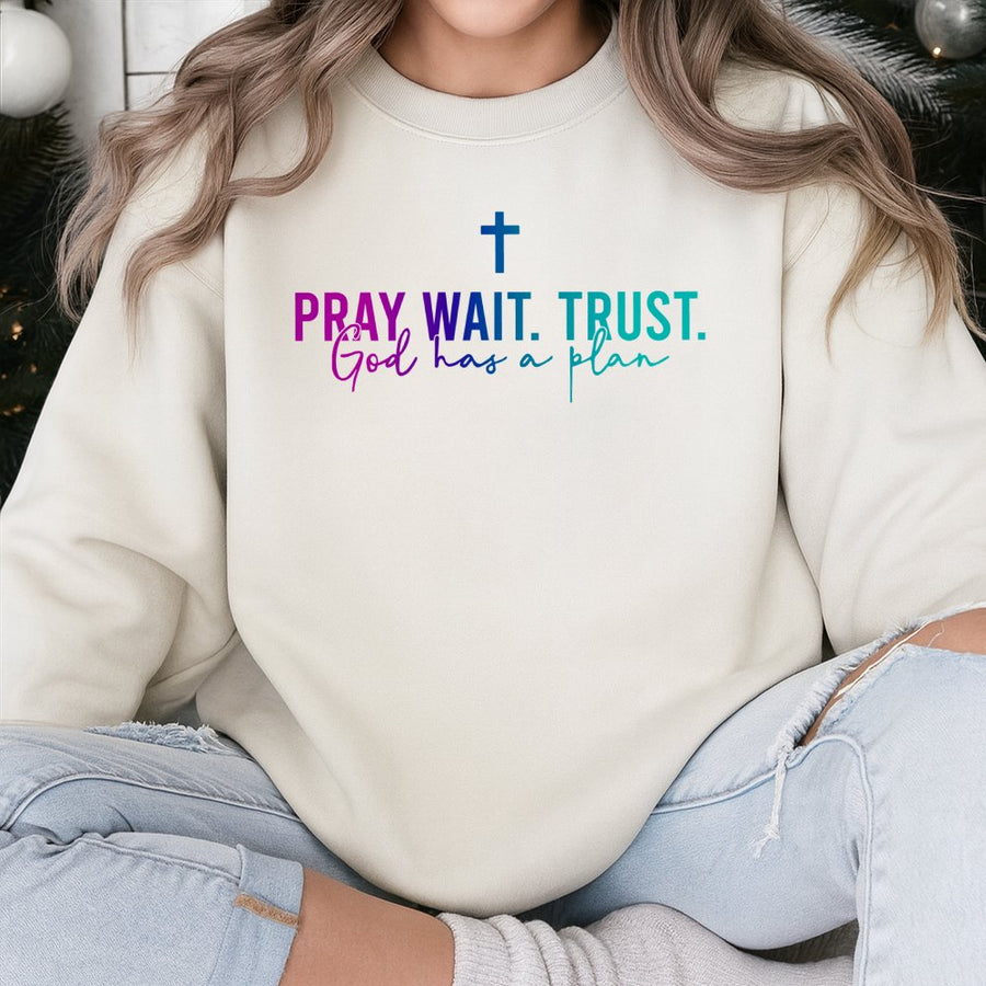 Pray Wait Trust Sweatshirt | Religious God Has A Plan Graphic Design | Soft Cotton-Blend Comfort | Christian Faith Gift For Men And Women