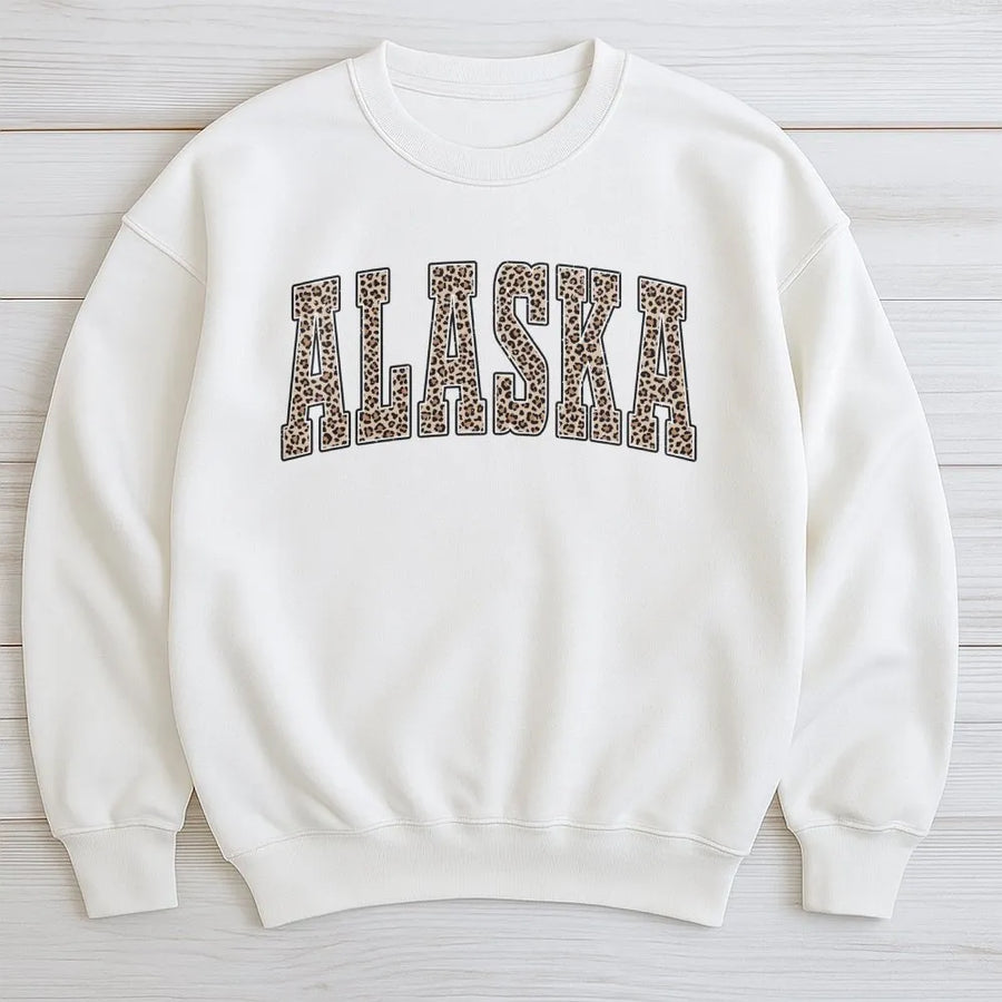 Alaska Sweatshirt | Leopard Print Collegiate Pullover | Soft Unisex Crewneck | State Pride Souvenir Gift for Student