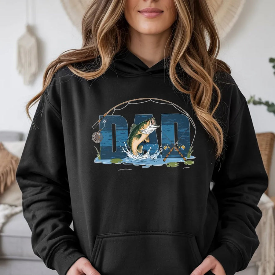 Fishing Dad Hoodie | Bass Fisherman Jumping Fish Graphic | Premium Cotton Blend | Gift for Outdoorsmen, Father's Day 2026, Husband Birthday