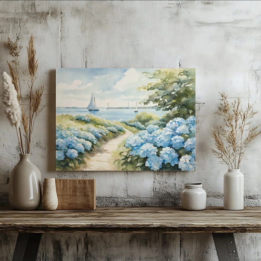 Coastal Hydrangea Wall Art | Watercolor Sailboat Landscape Print | Premium Gallery Wrapped Canvas | Beach House Decor Gift