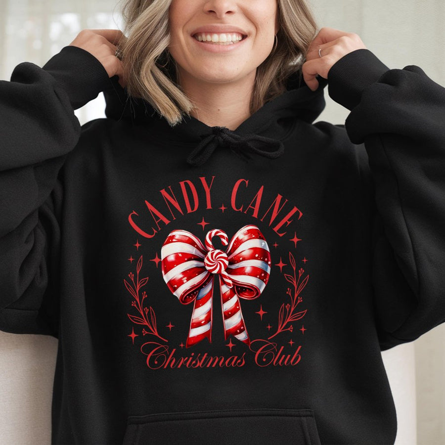 Candy Cane Christmas Club Hoodie | Festive Red Bow Graphic Design | Premium Cotton-Polyester Blend | Cozy Holiday Gift for Her