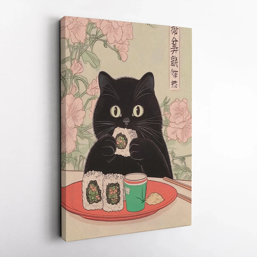 Black Cat Sushi Wall Art | Japanese Ukiyo-e Inspired Illustration | Premium Fade-Resistant Canvas | Unique Kitchen Decor Gift for Cat Lovers