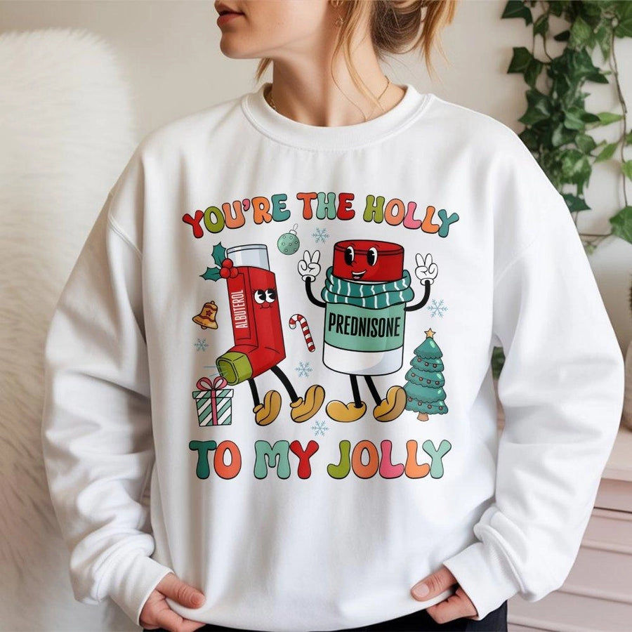 Respiratory Therapist Christmas Sweatshirt | Funny Inhaler & Prednisone Holiday Design | Premium Cotton Blend | Gift for Medical Professionals