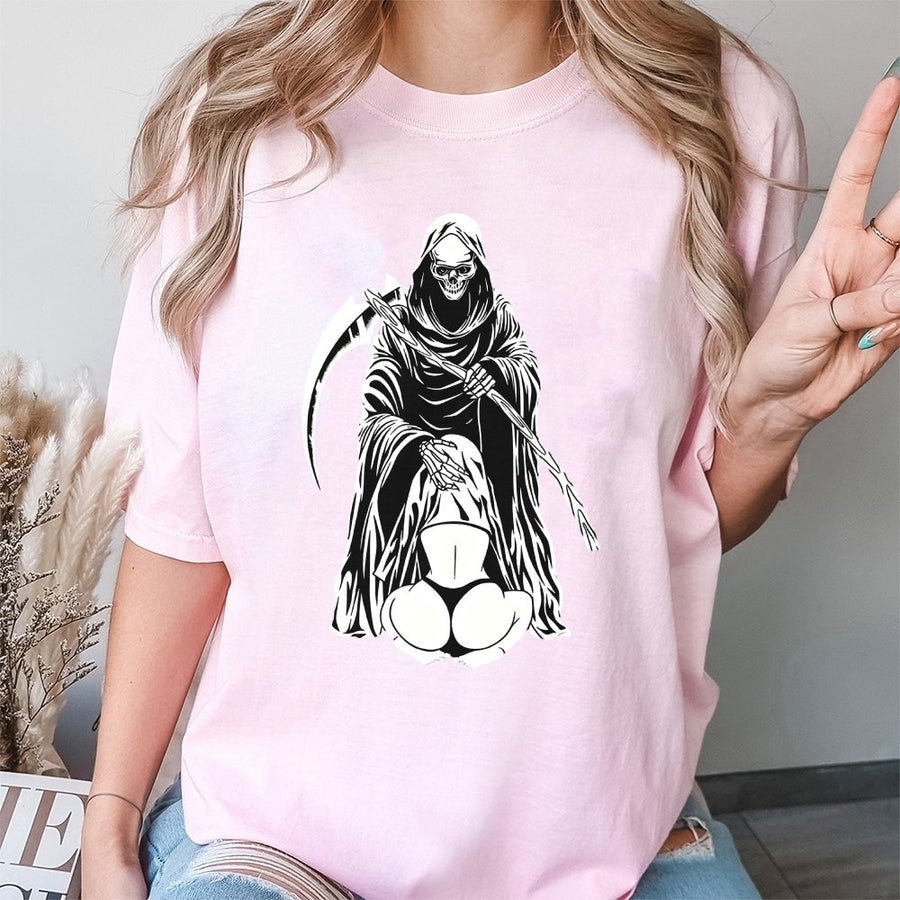 Grim Reaper Graphic T-Shirt | Edgy Skull Scythe Aesthetic | 100% Cotton Premium Apparel | Unisex Streetwear Gift for Alternative Fashion Lovers