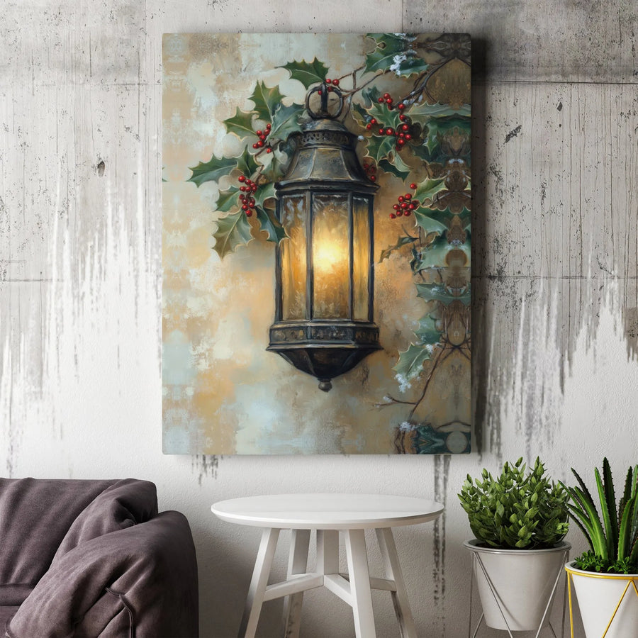 Christmas Lantern Canvas Print | Glowing Holly And Berries Wall Art | Premium 1.25" Gallery Wrap | Holiday Home Decor Gift