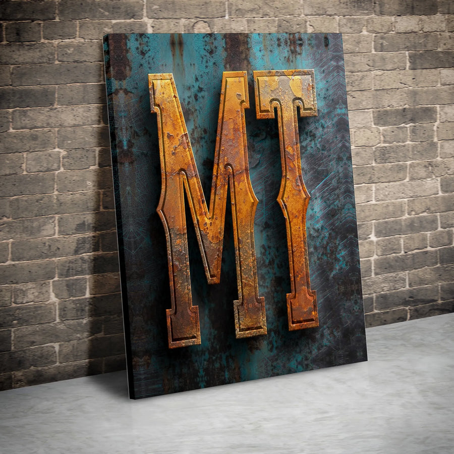 Industrial MT Monogram Canvas | Rusted Metal Effect Print | Premium Gallery Wrapped Canvas | Gift for Men | Man Cave & Garage Decor