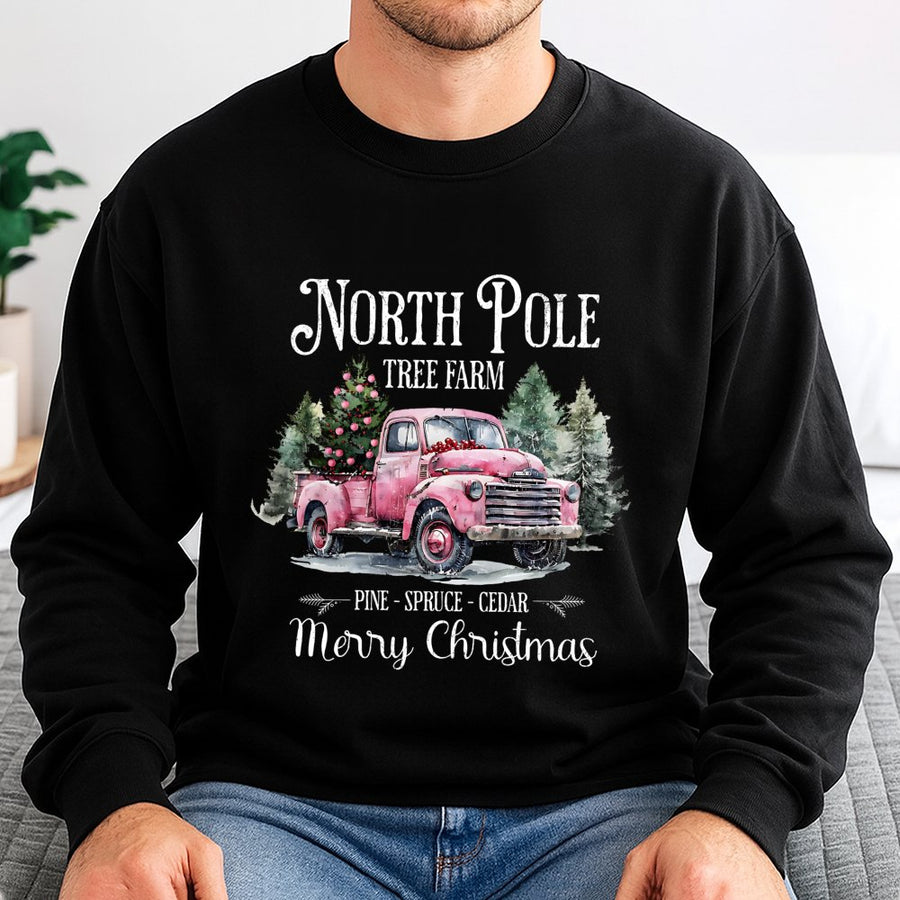 North Pole Tree Farm Sweatshirt | Pink Truck Christmas Graphic | Premium Cotton Blend | Coquette Holiday Gift For Her