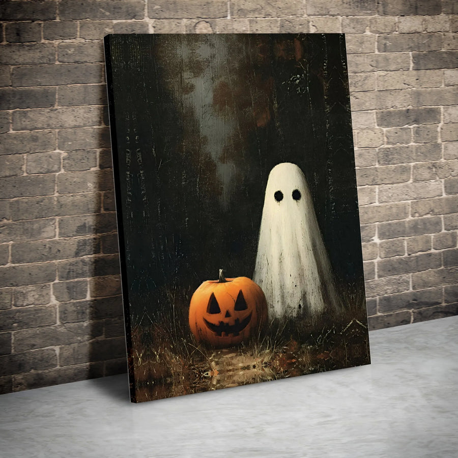 Vintage Ghost And Jack-O'-Lantern Canvas | Spooky Halloween Wall Art | 1.25 Inch Gallery Wrap | Premium Seasonal Home Decor