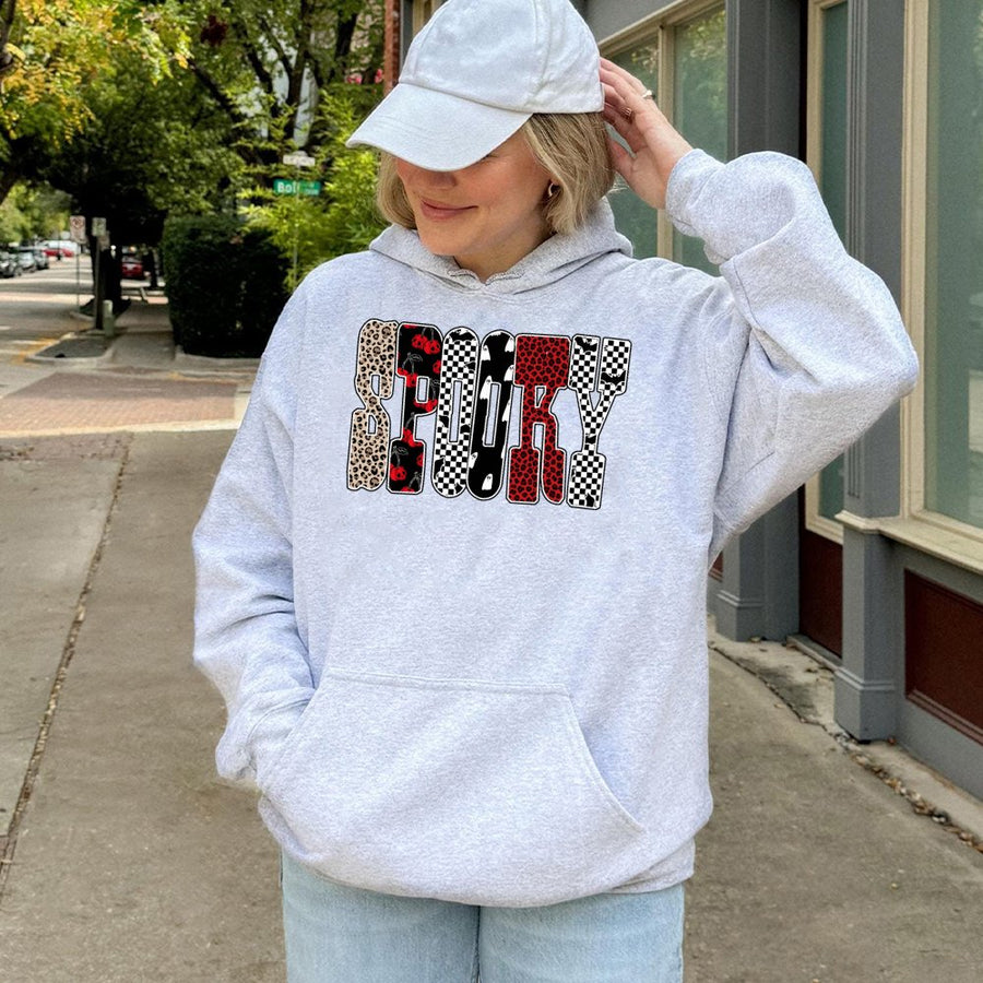 Spooky Halloween Hoodie | Leopard Checkered Graphic Design | Premium Cotton-Poly Blend | Cute Fall Sweatshirt Gift for Women and Teens