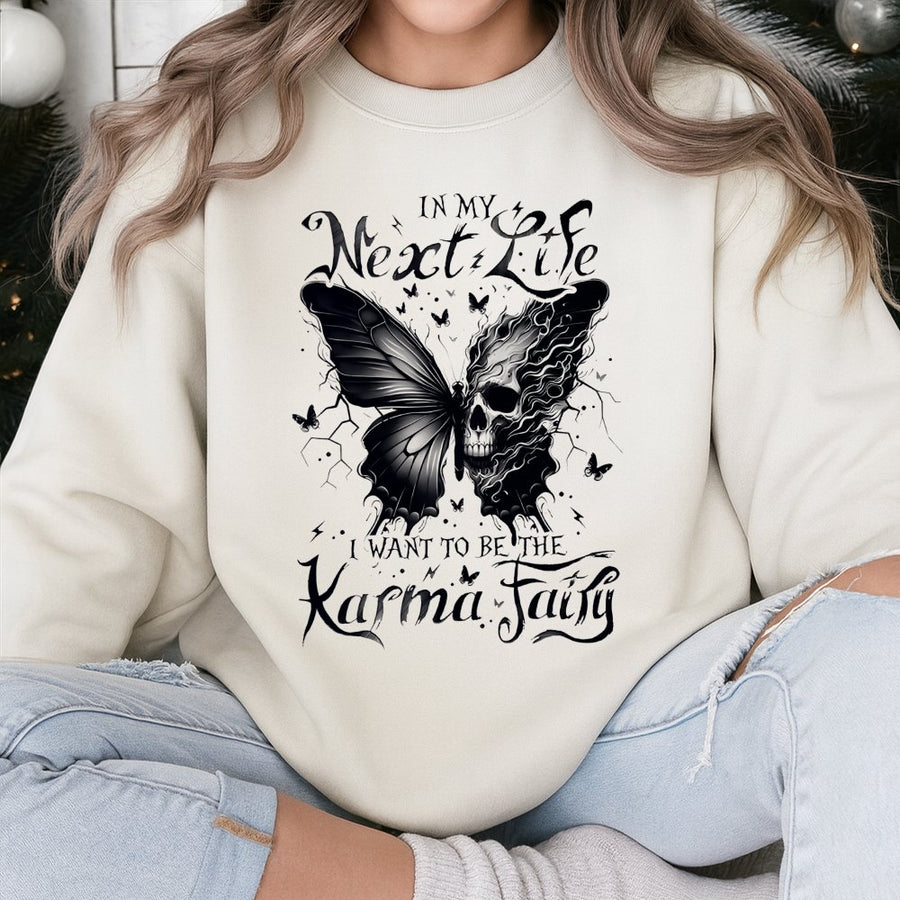 Karma Fairy Sweatshirt | Butterfly Skull Gothic Aesthetic Graphic | Cotton Blend Premium Crewneck | Edgy Gift For Her Alternative Fashion
