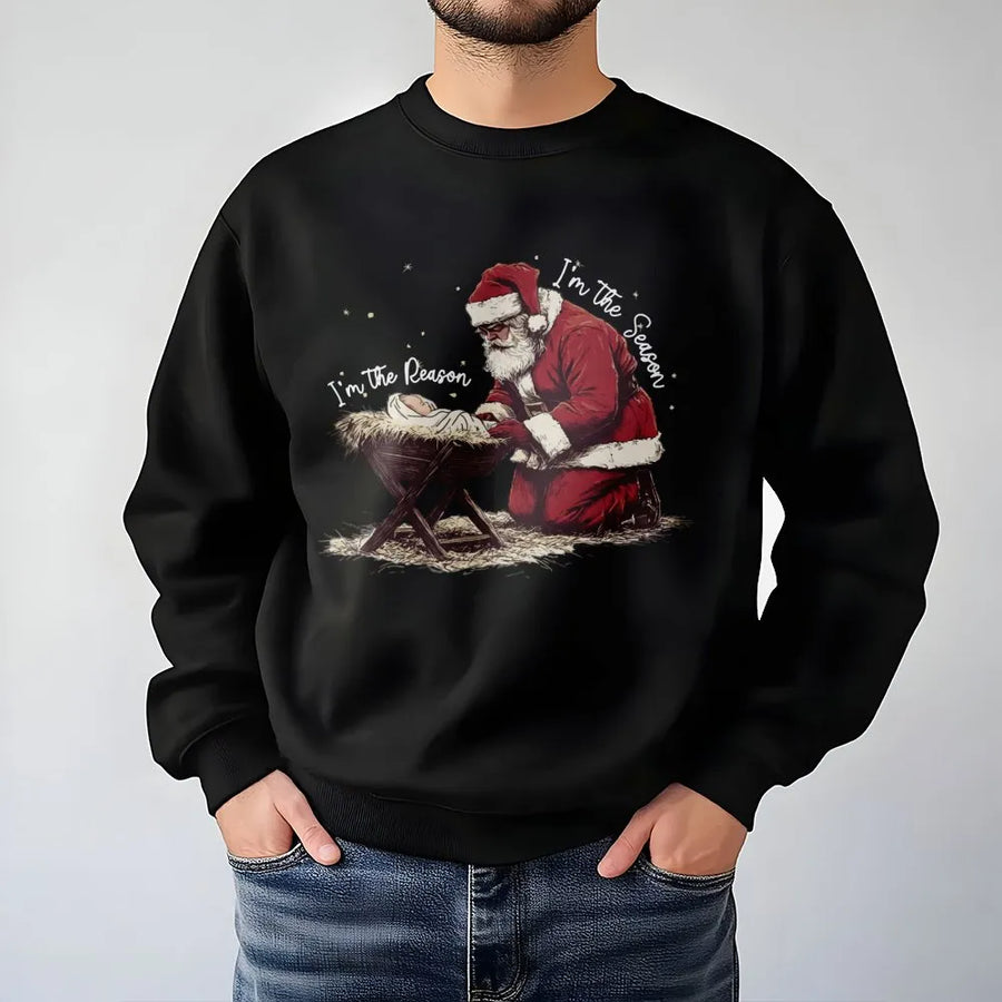 Jesus Is The Reason For The Season Sweatshirt | Kneeling Santa Nativity Graphic | Soft Cotton Blend Crewneck | Religious Christmas Gift For Christians