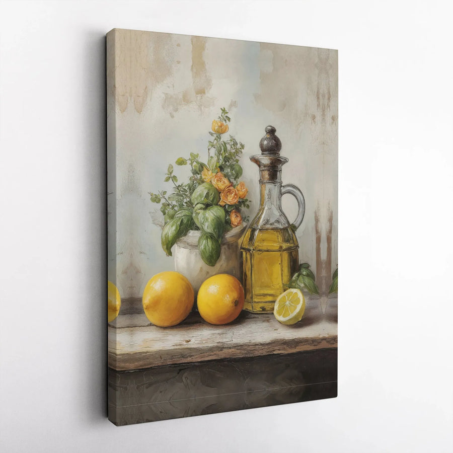 Vintage Lemon & Olive Oil Canvas Print | Rustic Tuscan Still Life Painting | Premium Gallery Wrapped Art | Kitchen & Dining Room Wall Decor Gift