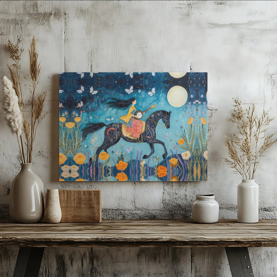 Whimsical Horse Canvas Wall Art | Girl Playing Banjo Night Illustration | Premium Gallery Wrapped Decor | Fantasy Music Gift For Her
